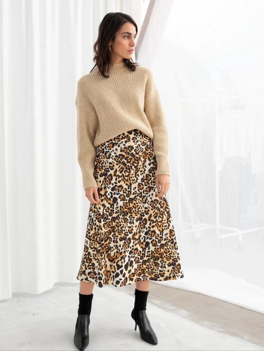 & Other Stories Jaguar Print Satiny Midi Skirt Size 4